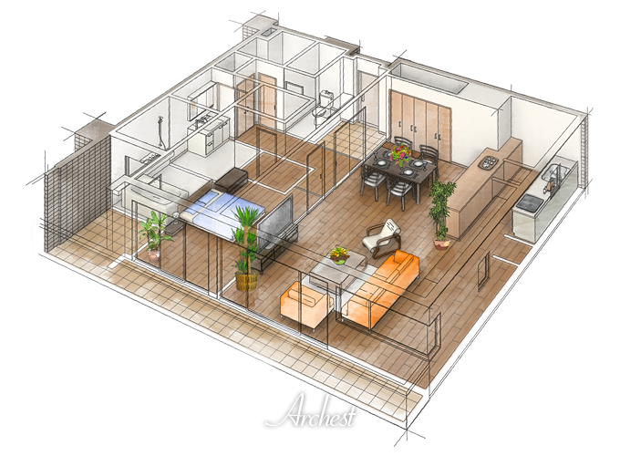 手描きパース作成代行 【マンション真俯瞰】 水彩絵の具で柔らかく着色